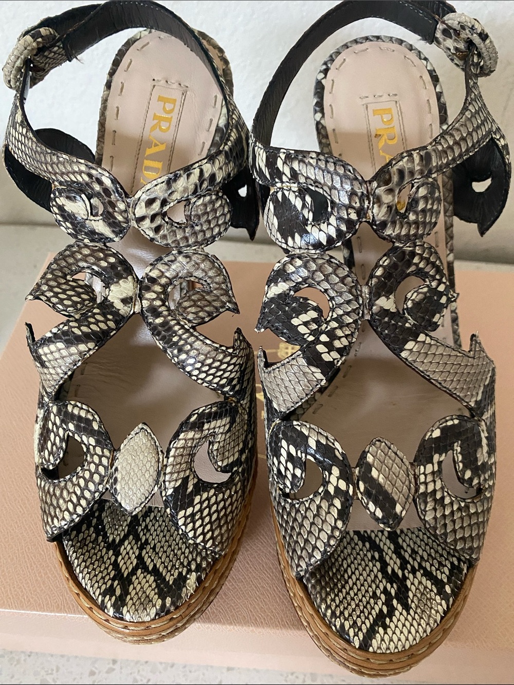 Prada Black and Cream Snakeskin-Effect Platform Heels - Picture 2 of 16